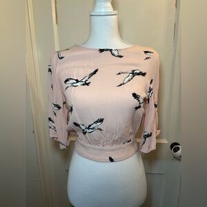 Pink Cropped Blouse with 3/4 Sleeves and Bird Print